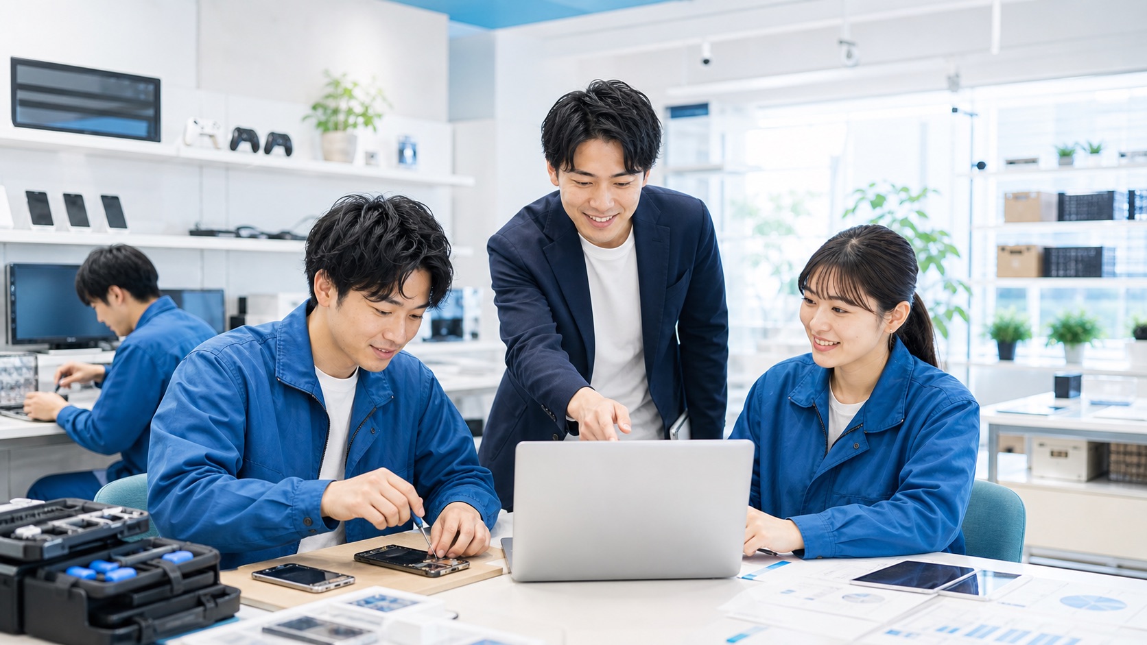 修理店舗でチームが仕事に向き合う採用メインビジュアル