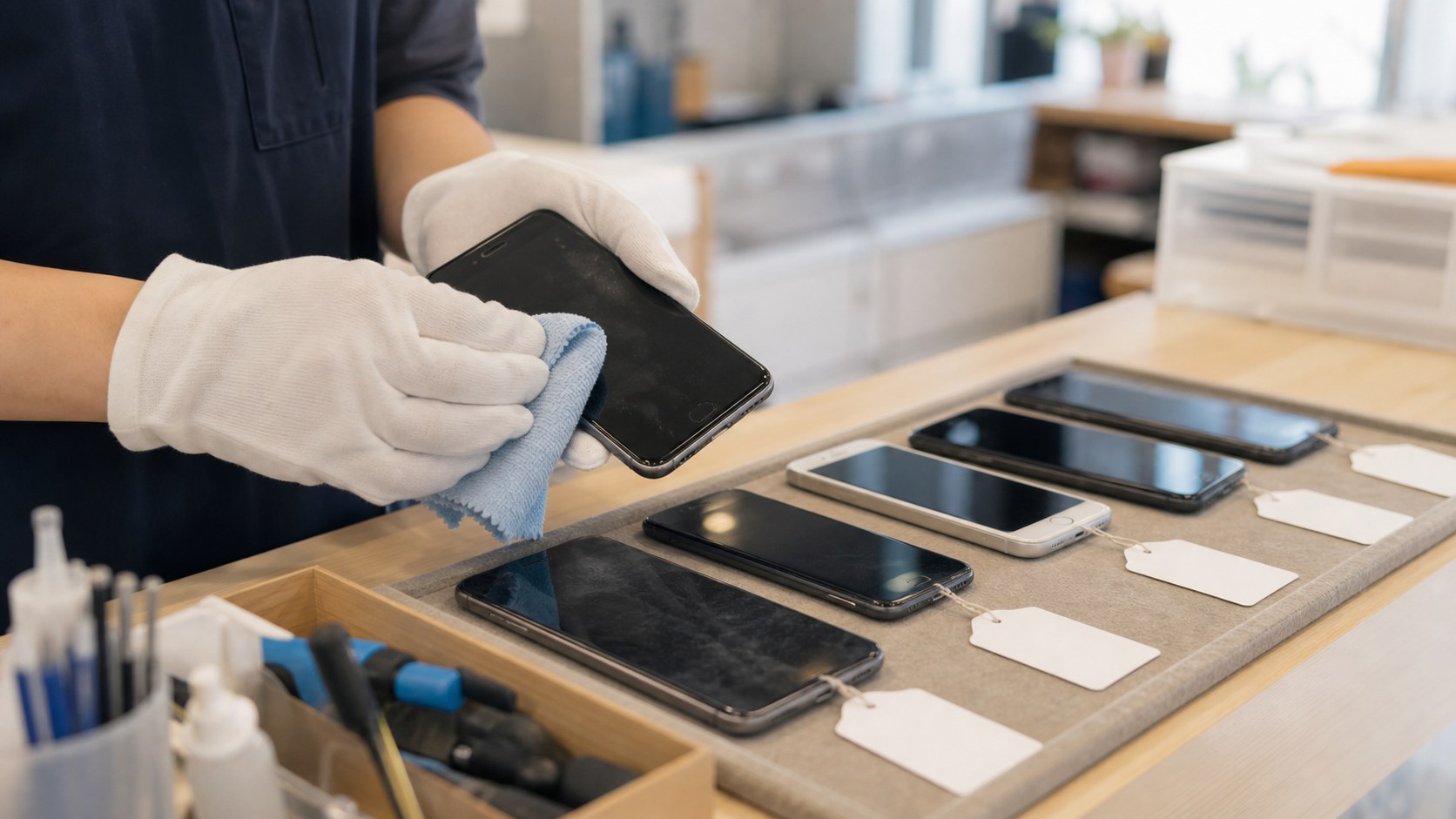 買取カウンターで査定・クリーニングされる中古スマートフォン